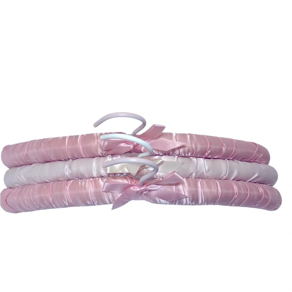 Three Luxurious Padded Satin Hangers-2 Pink and 1 White Hanger.